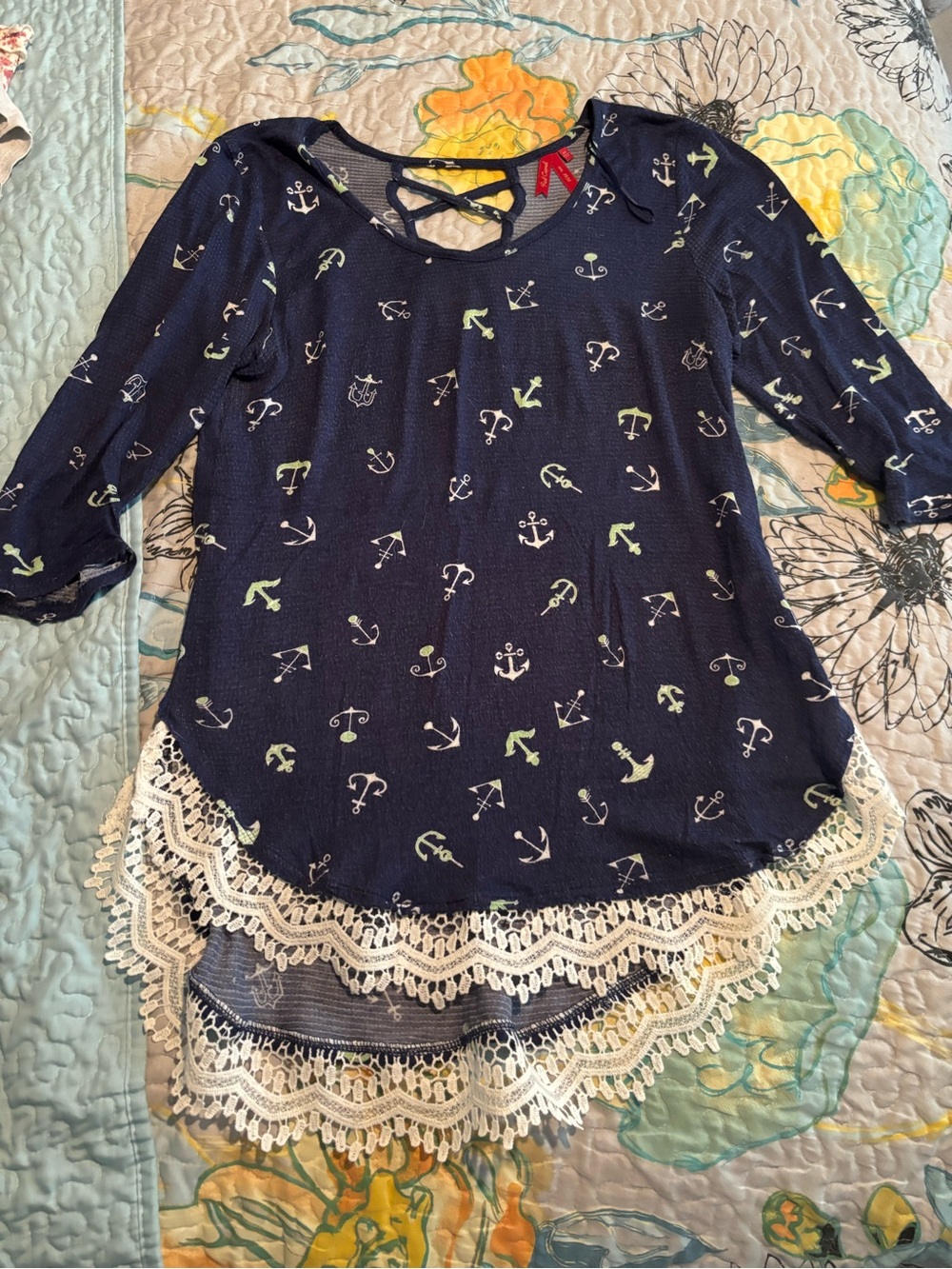 Red Camel Navy Anchor Lace-Hem Top